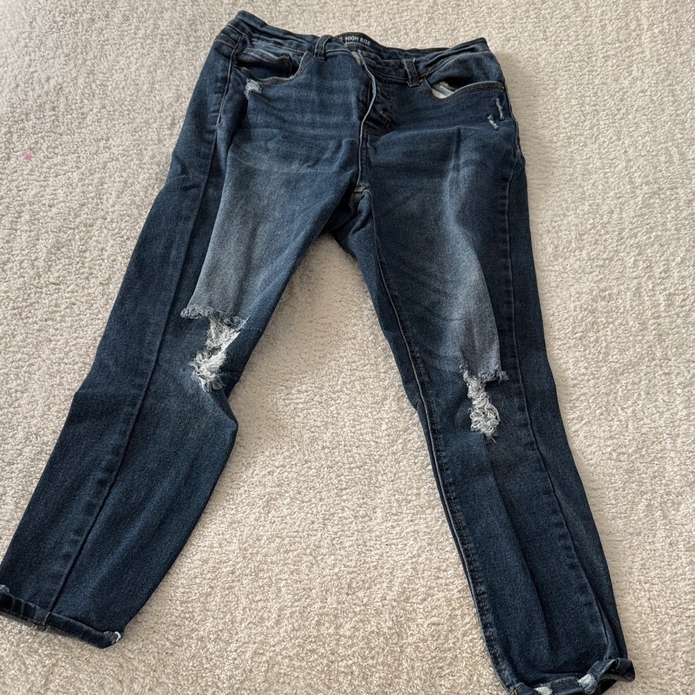 No Boundaries Women's Ripped Skinny Jeans - Dark Blue